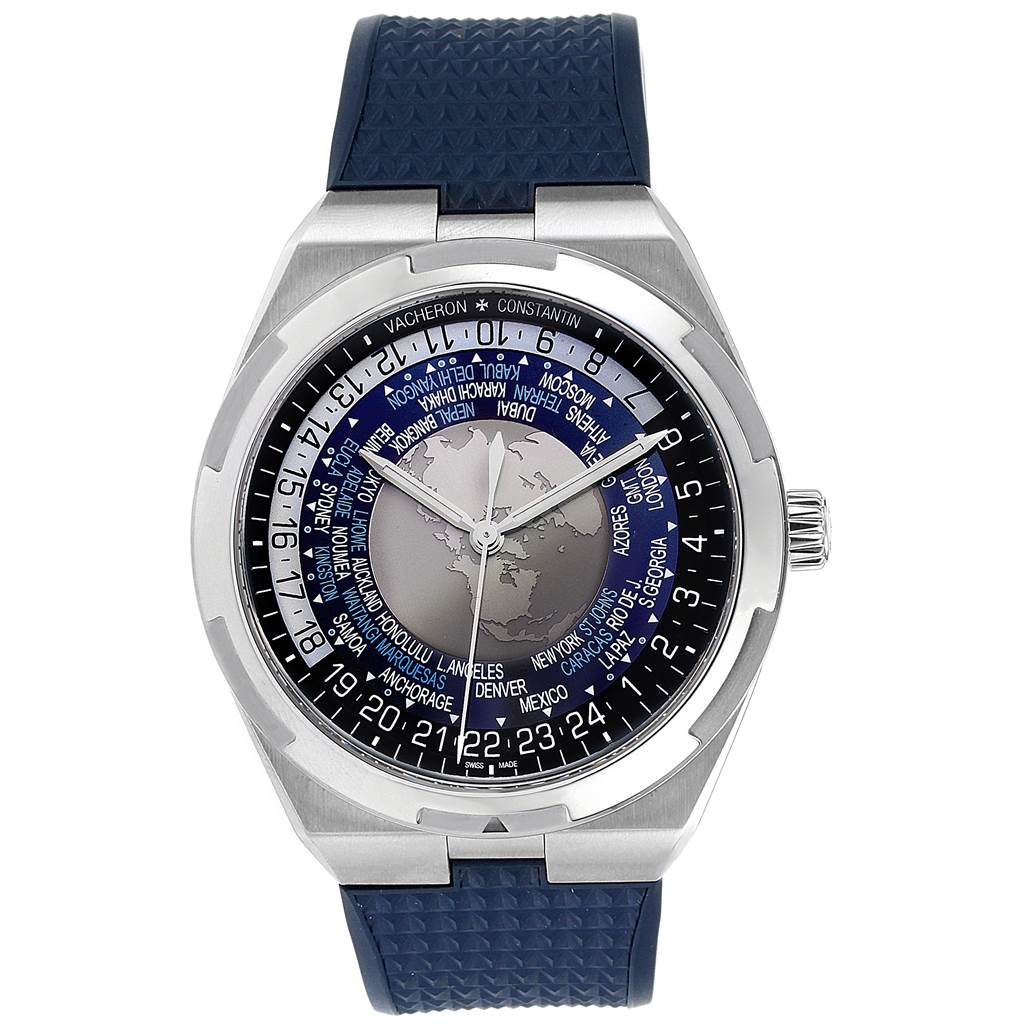 The Vacheron Constantin Overseas 7700V/110A-B172 Men's Stainless Steel Blue Dial 7700V/110A-B172 Men's Stainless Steel Blue Dial watch is shown from a front angle, displaying the dial, bezel, and blue strap.