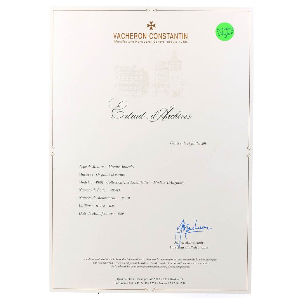 The image shows an archive document from Vacheron Constantin for the vintage model 47002, detailing specifications and history.