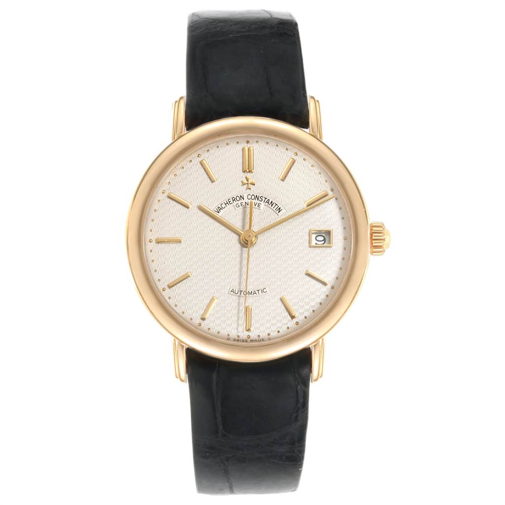 This image shows a Vacheron Constantin Vintage 47002 Men's Yellow Gold Silver Dial 47002 Men's Yellow Gold Silver Dial model watch in full frontal view, displaying the dial, hands, crown, and leather strap.