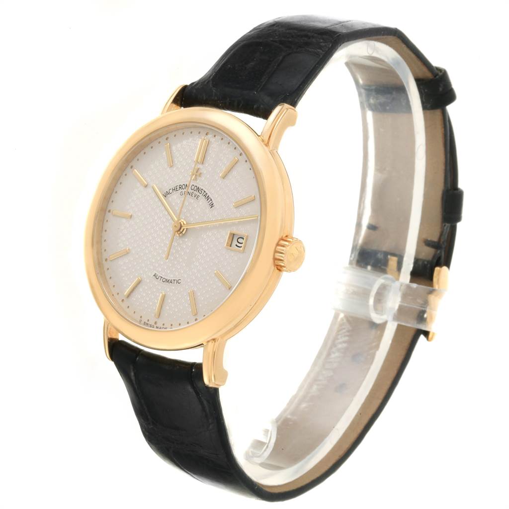 The Vacheron Constantin Vintage 47002 Men's Yellow Gold Silver Dial 47002 Men's Yellow Gold Silver Dial model watch is shown at a side angle, displaying the dial, crown, and leather strap.