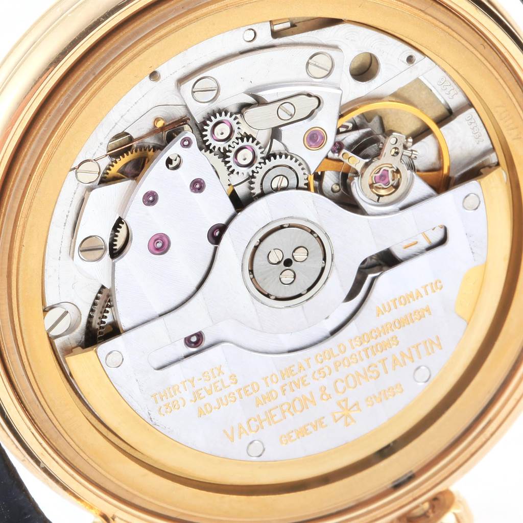 This image shows the internal mechanism of a Vintage model by Vacheron Constantin from a rear angle.
