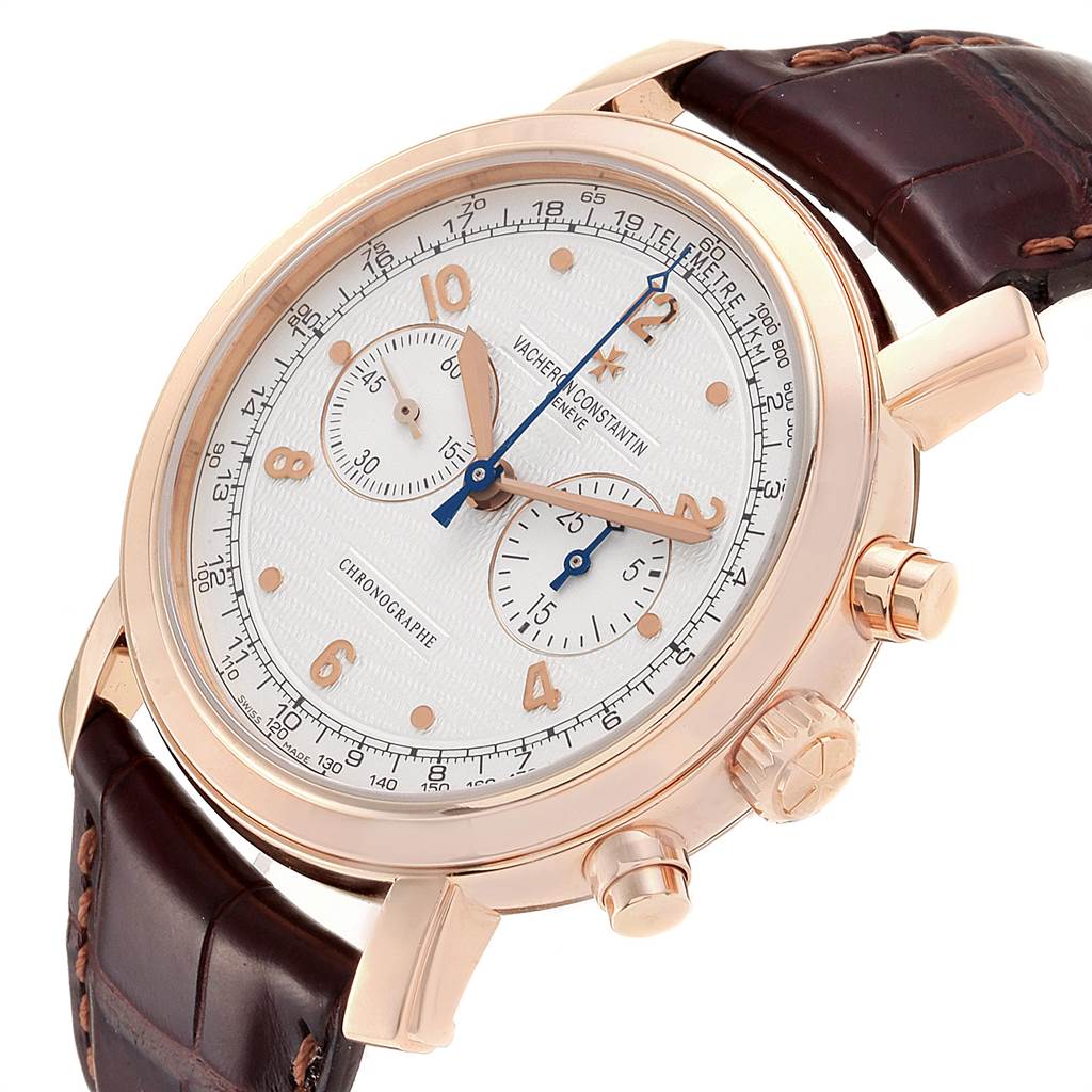 The image shows a close-up side view of the Vacheron Constantin Malte 47120/000R-9099 Men's Rose Gold Silver Dial 47120/000R-9099 Men's Rose Gold Silver Dial watch, highlighting the dial, crown, lugs, and strap.