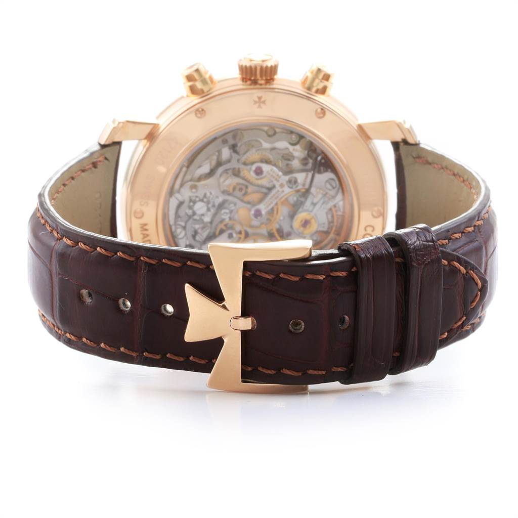 The image shows the back view of the Vacheron Constantin Malte 47120/000R-9099 Men's Rose Gold Silver Dial 47120/000R-9099 Men's Rose Gold Silver Dial watch, highlighting its wrist strap and mechanical movement.