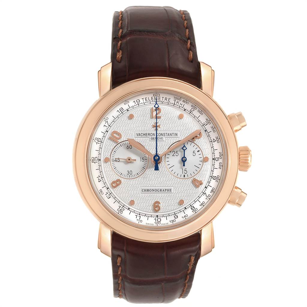 The image shows a front view of a Vacheron Constantin Malte 47120/000R-9099 Men's Rose Gold Silver Dial 47120/000R-9099 Men's Rose Gold Silver Dial model watch with a leather strap and gold case.