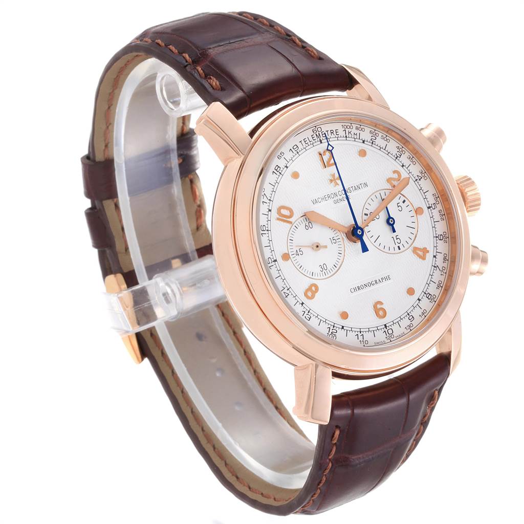 The image shows a Vacheron Constantin Malte 47120/000R-9099 Men's Rose Gold Silver Dial 47120/000R-9099 Men's Rose Gold Silver Dial model watch at a three-quarter angle, highlighting its dial, case, and leather strap.