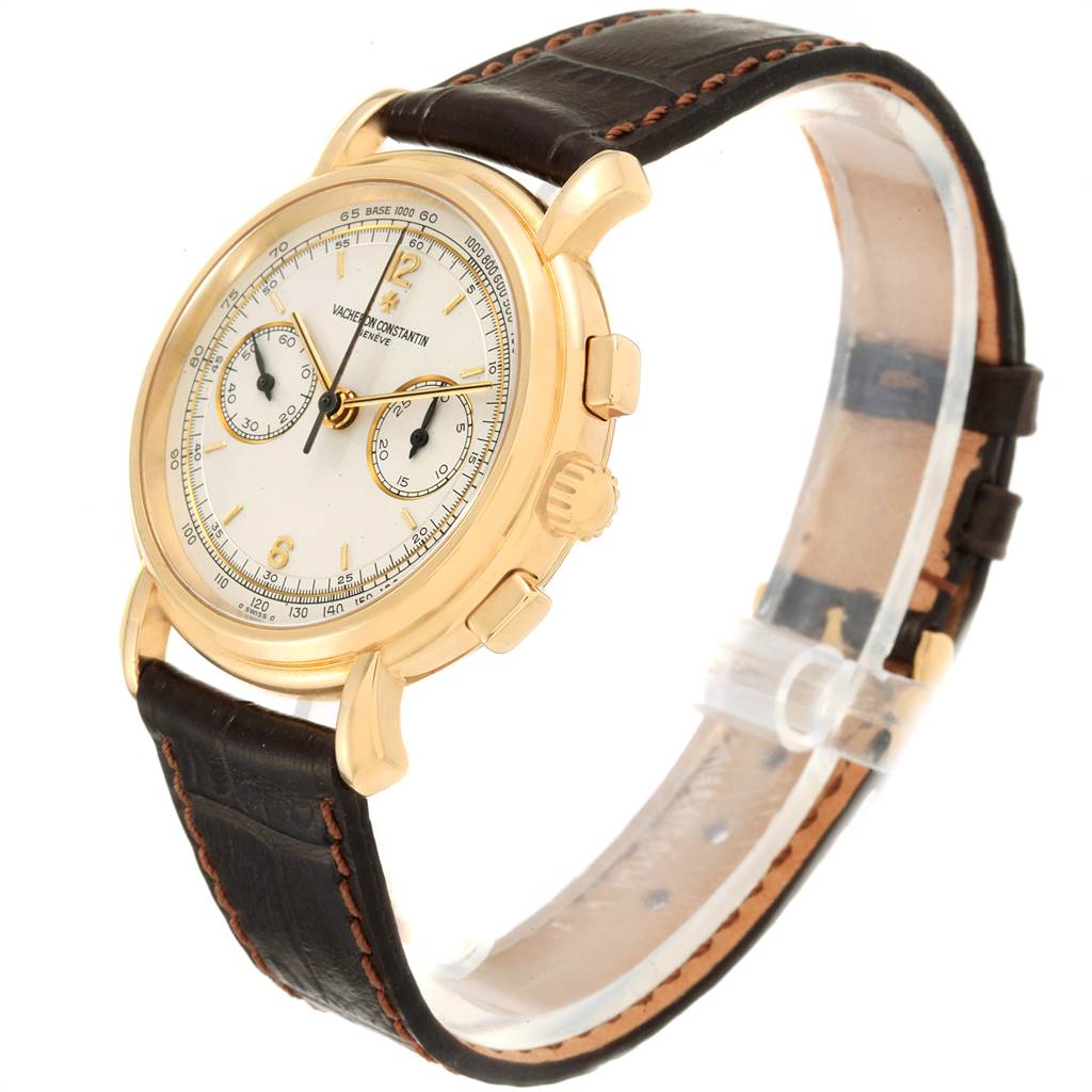 The image showcases a Vacheron Constantin Historiques 47101/1 Men's Yellow Gold Silver Dial 47101/1 Men's Yellow Gold Silver Dial watch at a three-quarter front angle, displaying the face, case, and leather strap.