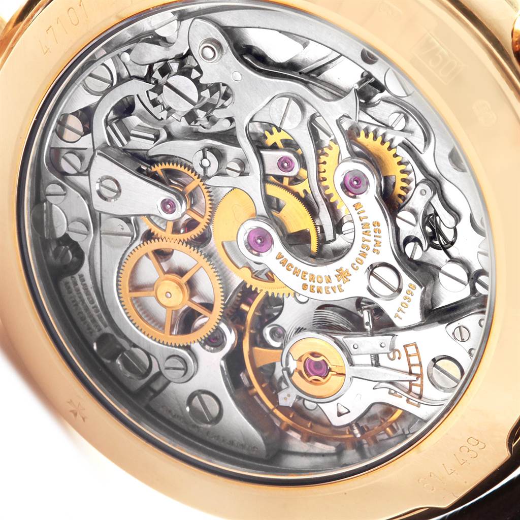 This image shows the movement and inner mechanics of a Vacheron Constantin Historiques 47101/1 Men's Yellow Gold Silver Dial 47101/1 Men's Yellow Gold Silver Dial watch from a rear angle.