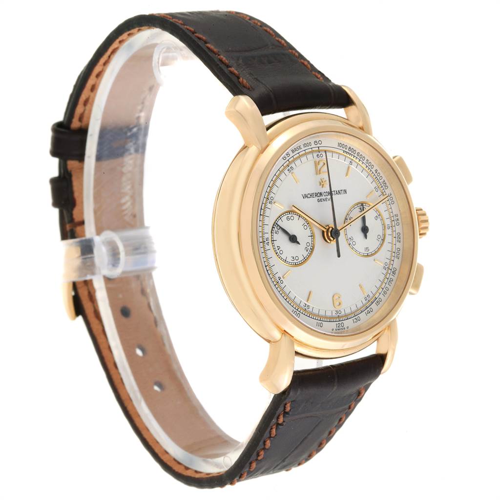 The image shows a side and front angled view of a Vacheron Constantin Historiques 47101/1 Men's Yellow Gold Silver Dial 47101/1 Men's Yellow Gold Silver Dial model wristwatch with a black leather strap and gold casing.