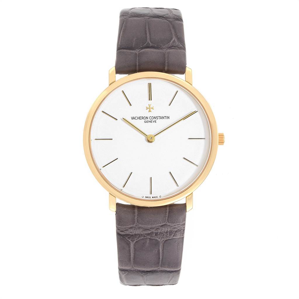 The image shows a frontal view of a Vacheron Constantin Patrimony 31160 Men's Yellow Gold White Dial 31160 Men's Yellow Gold White Dial watch with a gold case and leather strap.