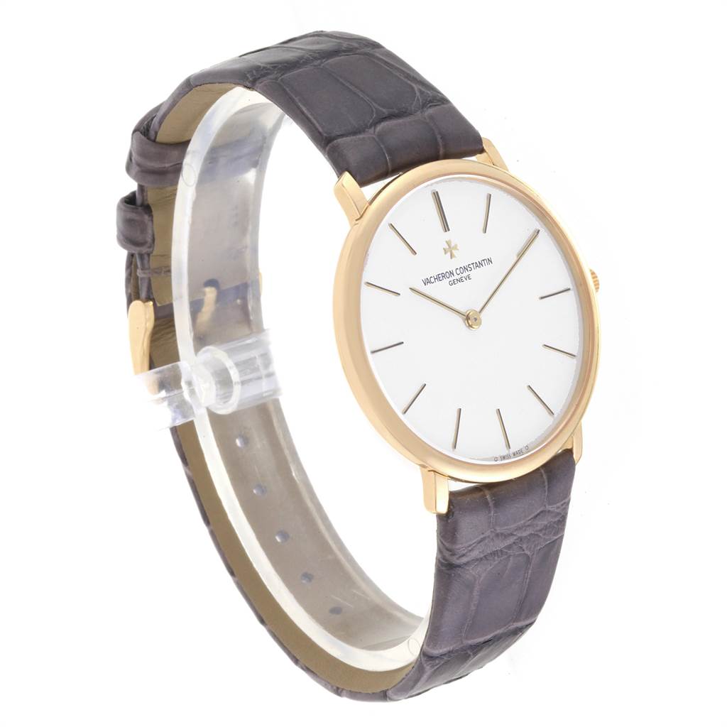 The image shows a Vacheron Constantin Patrimony 31160 Men's Yellow Gold White Dial 31160 Men's Yellow Gold White Dial watch at a slight angle, highlighting its face, case, and strap.