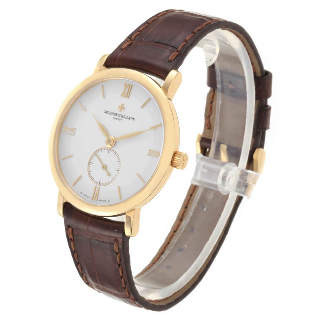 The image shows the Vacheron Constantin Patrimony 31160 Men's Yellow Gold Silver Dial 31160 Men's Yellow Gold Silver Dial watch at a three-quarter angle, highlighting its face, crown, and leather strap.