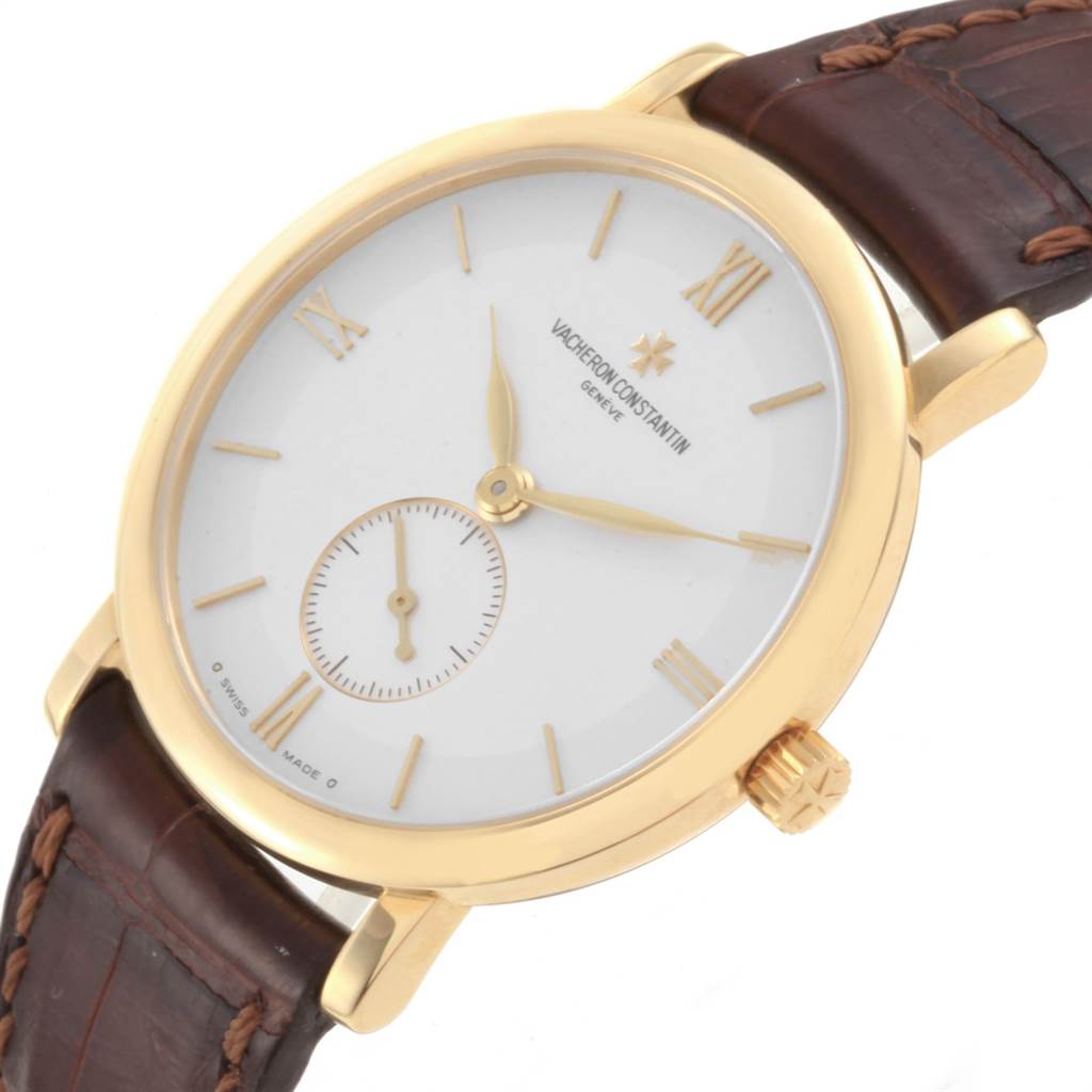 The image shows a Vacheron Constantin Patrimony 31160 Men's Yellow Gold Silver Dial 31160 Men's Yellow Gold Silver Dial watch at a slightly tilted angle, displaying its face, crown, and part of its leather strap.