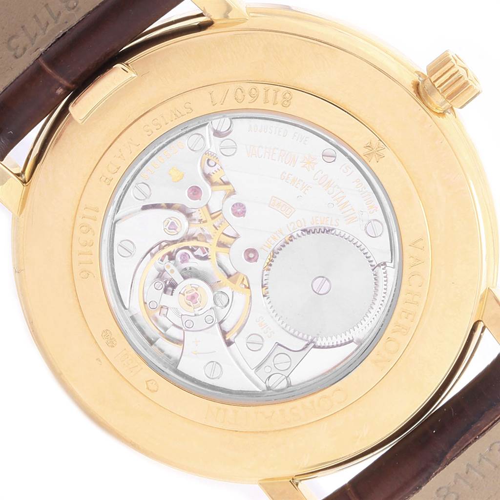 The image shows the back view of a Vacheron Constantin Patrimony 31160 Men's Yellow Gold Silver Dial 31160 Men's Yellow Gold Silver Dial watch, highlighting the mechanical movement inside the case.