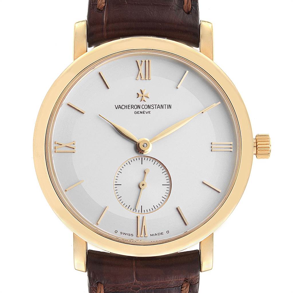 The Vacheron Constantin Patrimony 31160 Men's Yellow Gold Silver Dial 31160 Men's Yellow Gold Silver Dial watch is shown from a front angle, displaying its dial, hands, case, crown, and leather strap.
