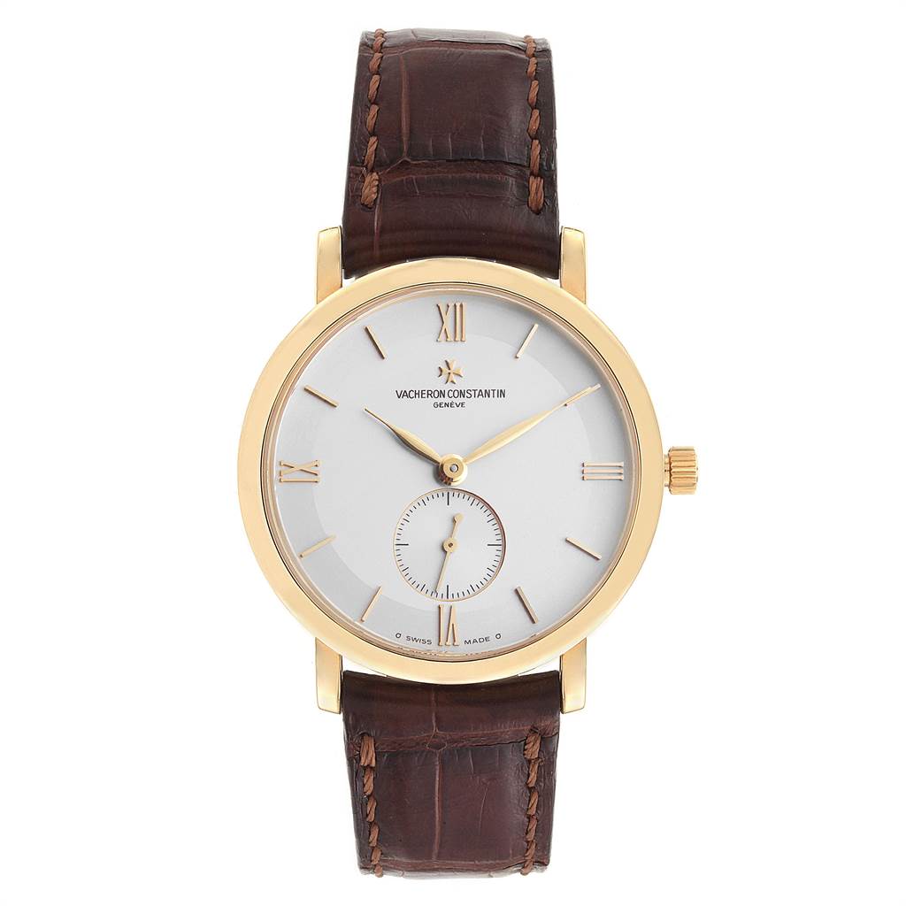 This image shows a frontal view of a Vacheron Constantin Patrimony 31160 Men's Yellow Gold Silver Dial 31160 Men's Yellow Gold Silver Dial watch with a gold case and brown leather strap.