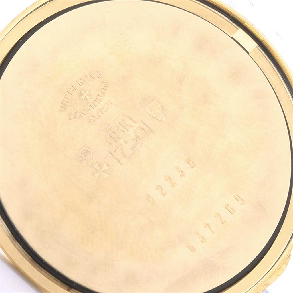 This image shows the engraved case back of a Vacheron Constantin Historiques 92239 Men's Yellow Gold Silver Dial 92239 Men's Yellow Gold Silver Dial watch, featuring hallmark and model details.