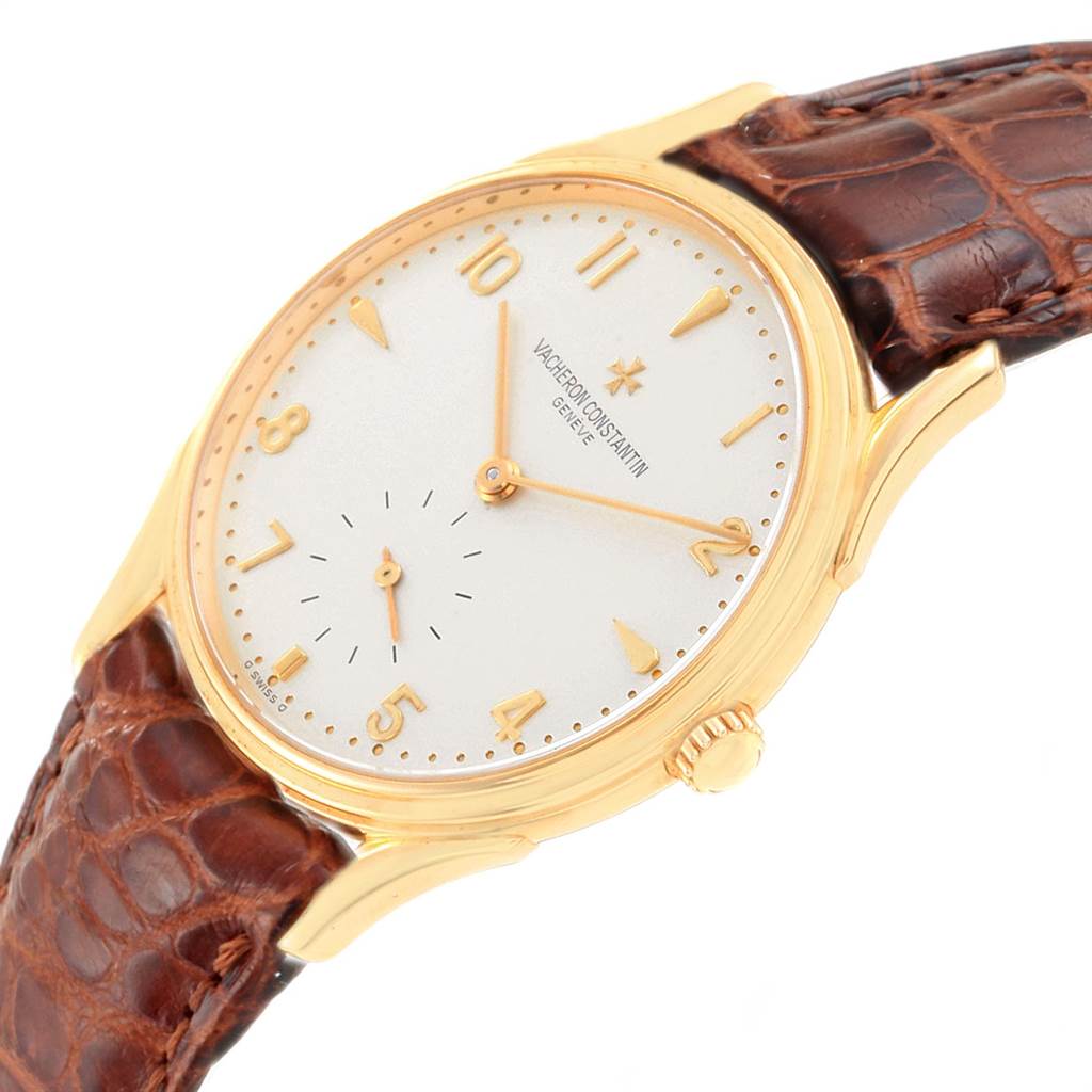This is a close-up side angle of the Vacheron Constantin Historiques 92239 Men's Yellow Gold Silver Dial 92239 Men's Yellow Gold Silver Dial model, showing the dial, crown, and part of the leather strap.