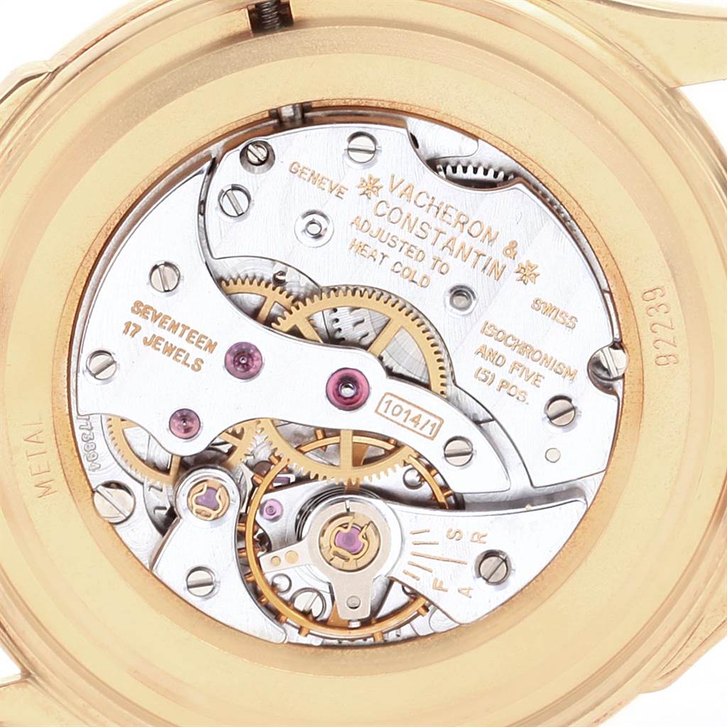 This image shows the intricate inner mechanism of the Vacheron Constantin Historiques 92239 Men's Yellow Gold Silver Dial 92239 Men's Yellow Gold Silver Dial model watch from a back angle.
