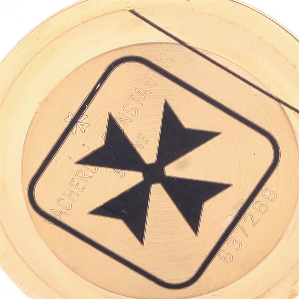 The image shows the case back of a Vacheron Constantin Historiques 92239 Men's Yellow Gold Silver Dial 92239 Men's Yellow Gold Silver Dial watch with the brand's logo and inscription visible.