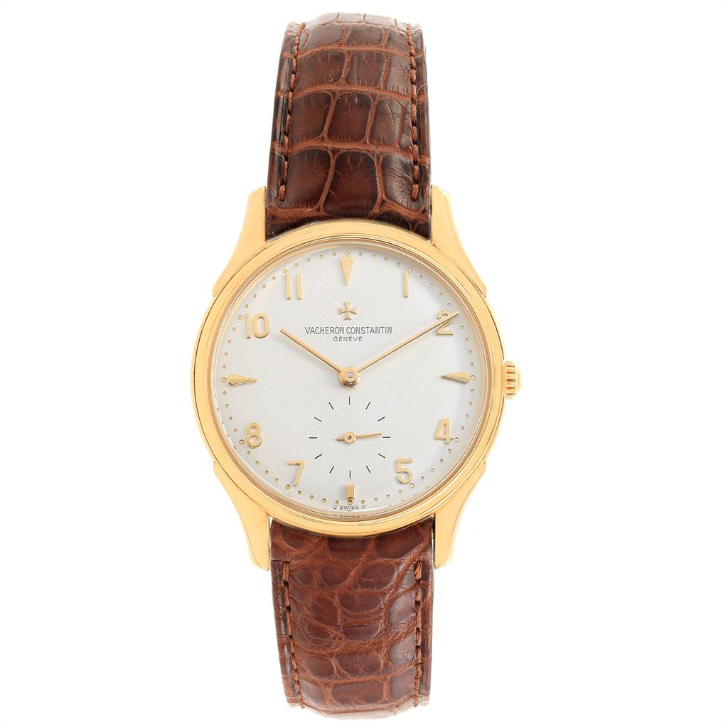 The image shows a Vacheron Constantin Historiques 92239 Men's Yellow Gold Silver Dial 92239 Men's Yellow Gold Silver Dial model watch from a front angle, displaying the dial, gold case, and brown leather strap.
