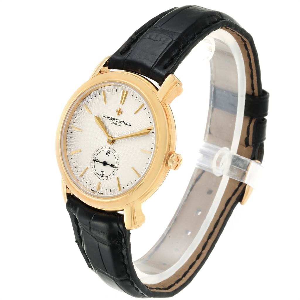 The Vacheron Constantin Malte 81000 Men's Yellow Gold Silver Dial 81000 Men's Yellow Gold Silver Dial model watch is shown at a three-quarter angle, highlighting its dial, crown, and leather strap.