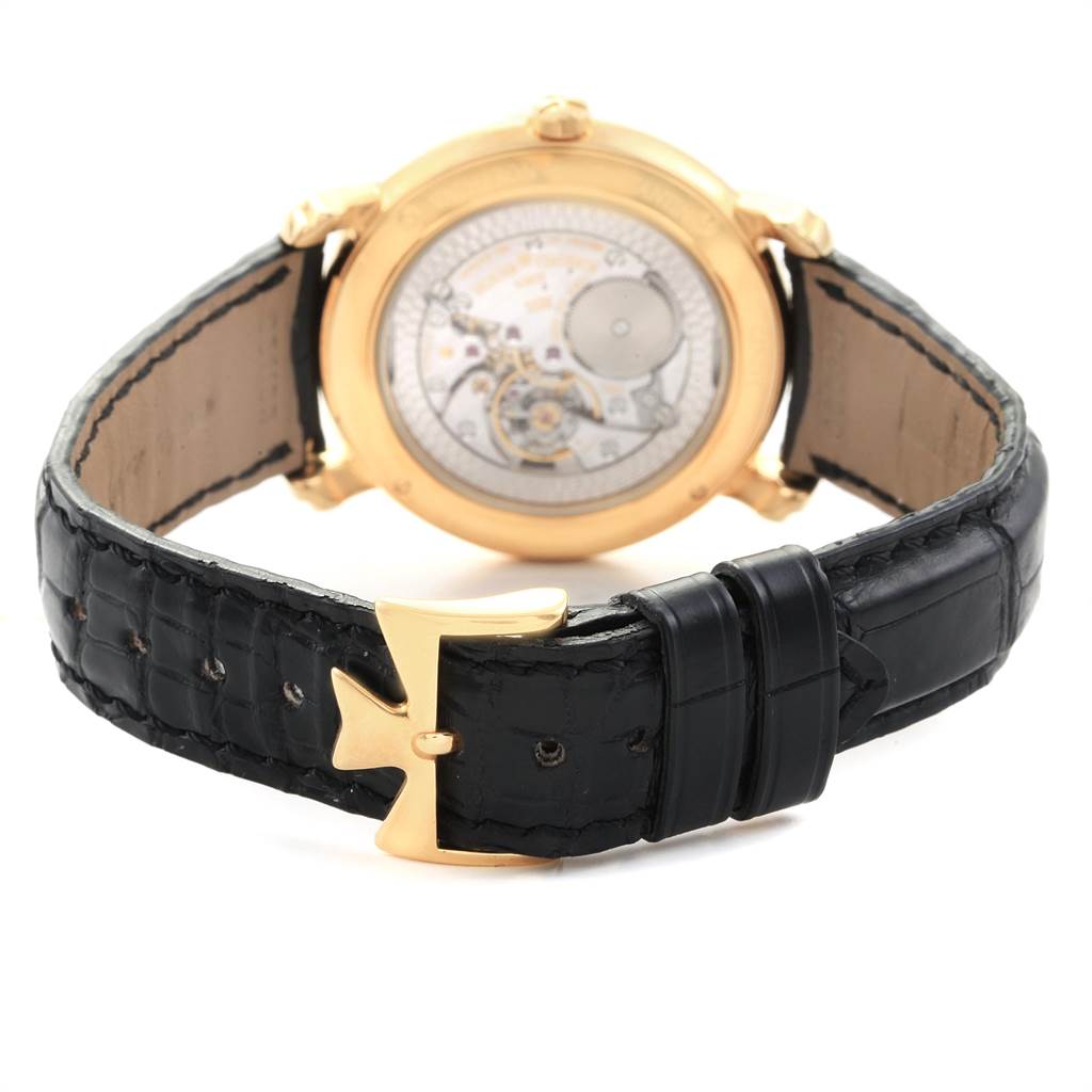 The image shows the back view of a Vacheron Constantin Malte 81000 Men's Yellow Gold Silver Dial 81000 Men's Yellow Gold Silver Dial watch, highlighting the strap and case back.