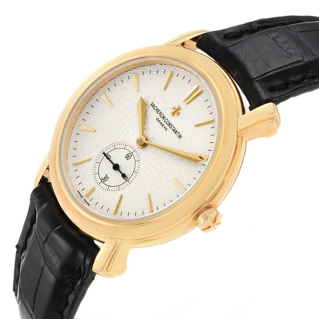This image shows a Vacheron Constantin Malte 81000 Men's Yellow Gold Silver Dial 81000 Men's Yellow Gold Silver Dial watch at a slight angle, highlighting the face, crown, case, and strap.