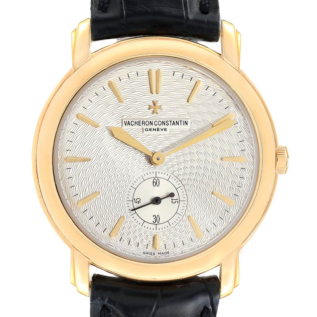 This image shows a frontal view of the Vacheron Constantin Malte 81000 Men's Yellow Gold Silver Dial 81000 Men's Yellow Gold Silver Dial model watch, highlighting the dial, hands, and strap.