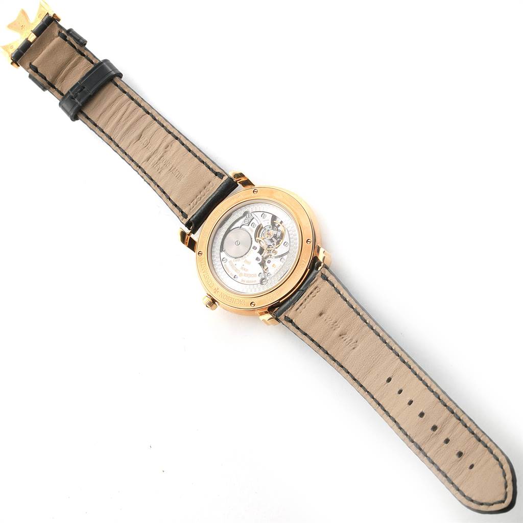 This image shows the back view of a Malte model by Vacheron Constantin, highlighting the watch's movement and strap.