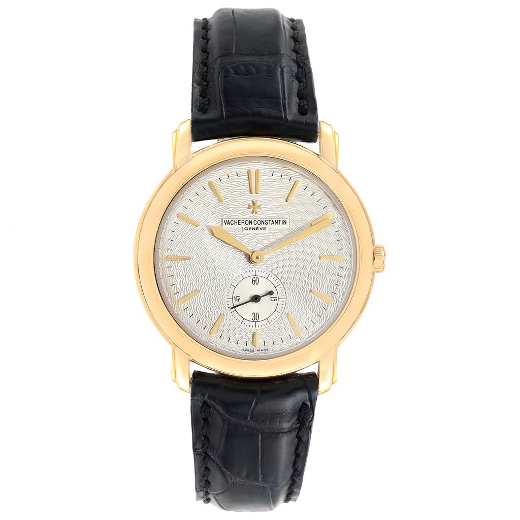 The image shows a front view of the Vacheron Constantin Malte 81000 Men's Yellow Gold Silver Dial 81000 Men's Yellow Gold Silver Dial model watch, including its dial, hands, case, and leather strap.