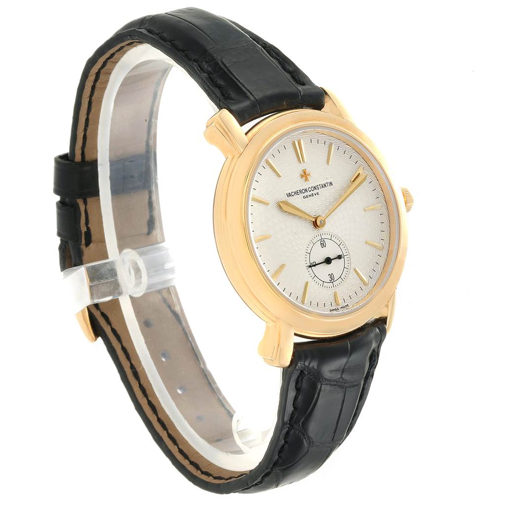 The image shows a side angle of the Vacheron Constantin Malte 81000 Men's Yellow Gold Silver Dial 81000 Men's Yellow Gold Silver Dial watch, highlighting its face, gold case, and black leather strap.