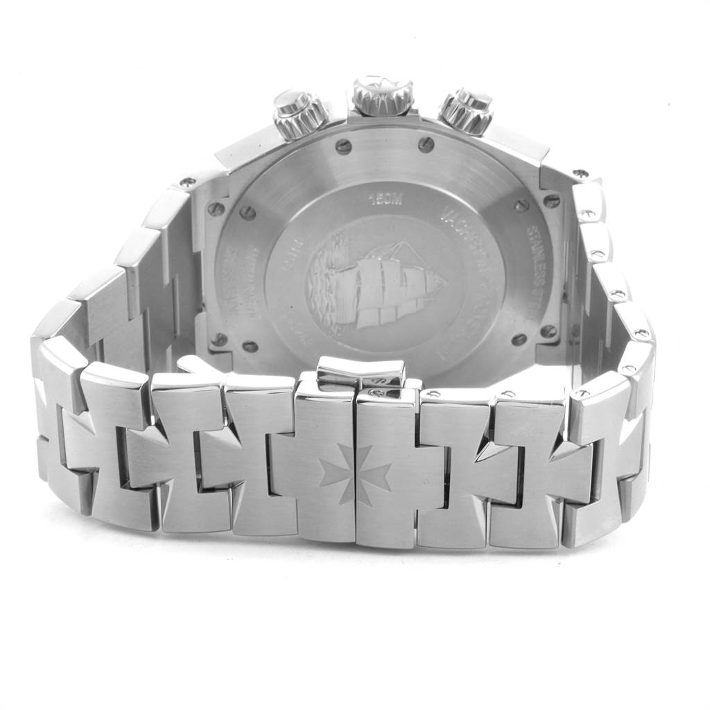 The image shows the backside and metallic bracelet of the Vacheron Constantin Overseas 49150 Men's Stainless Steel Silver Dial 49150 Men's Stainless Steel Silver Dial watch model.