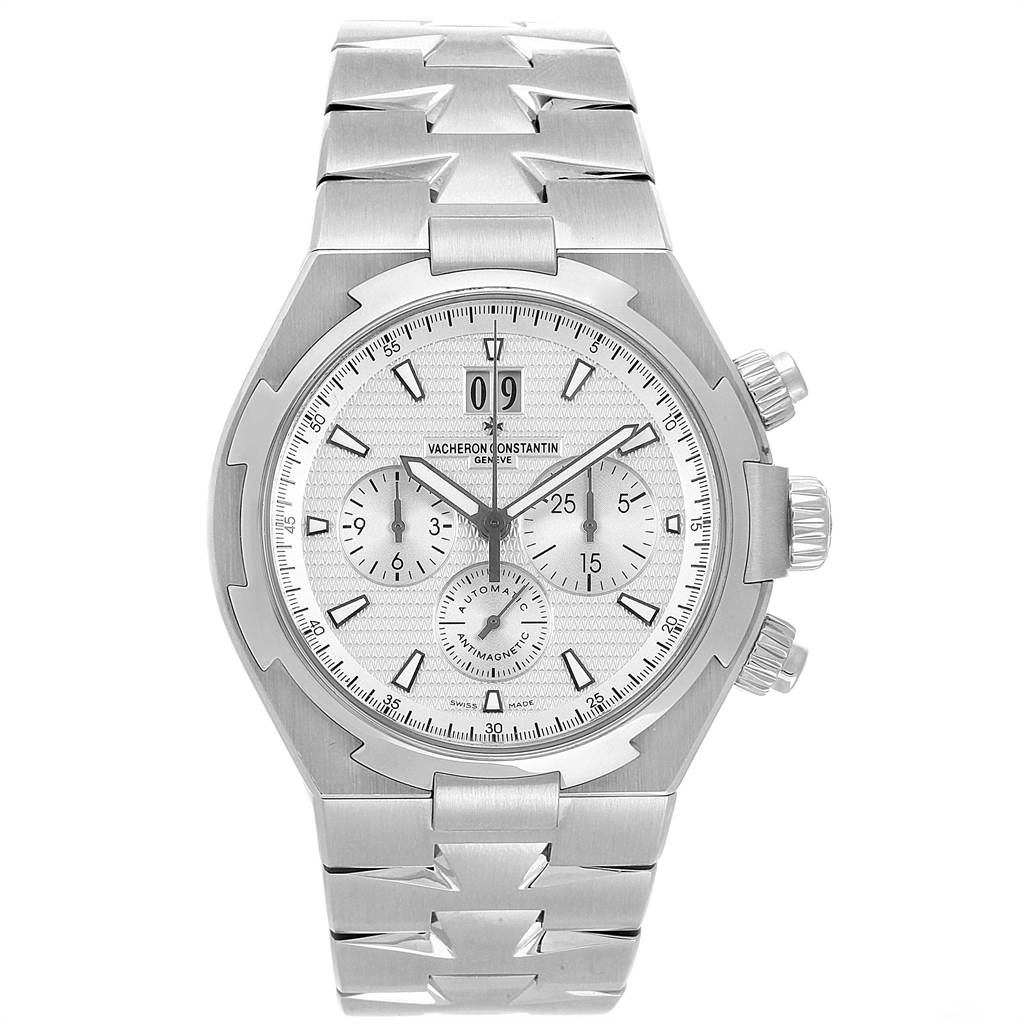 The image shows a frontal view of a Vacheron Constantin Overseas 49150 Men's Stainless Steel Silver Dial 49150 Men's Stainless Steel Silver Dial model watch, displaying its face, bezel, and bracelet.