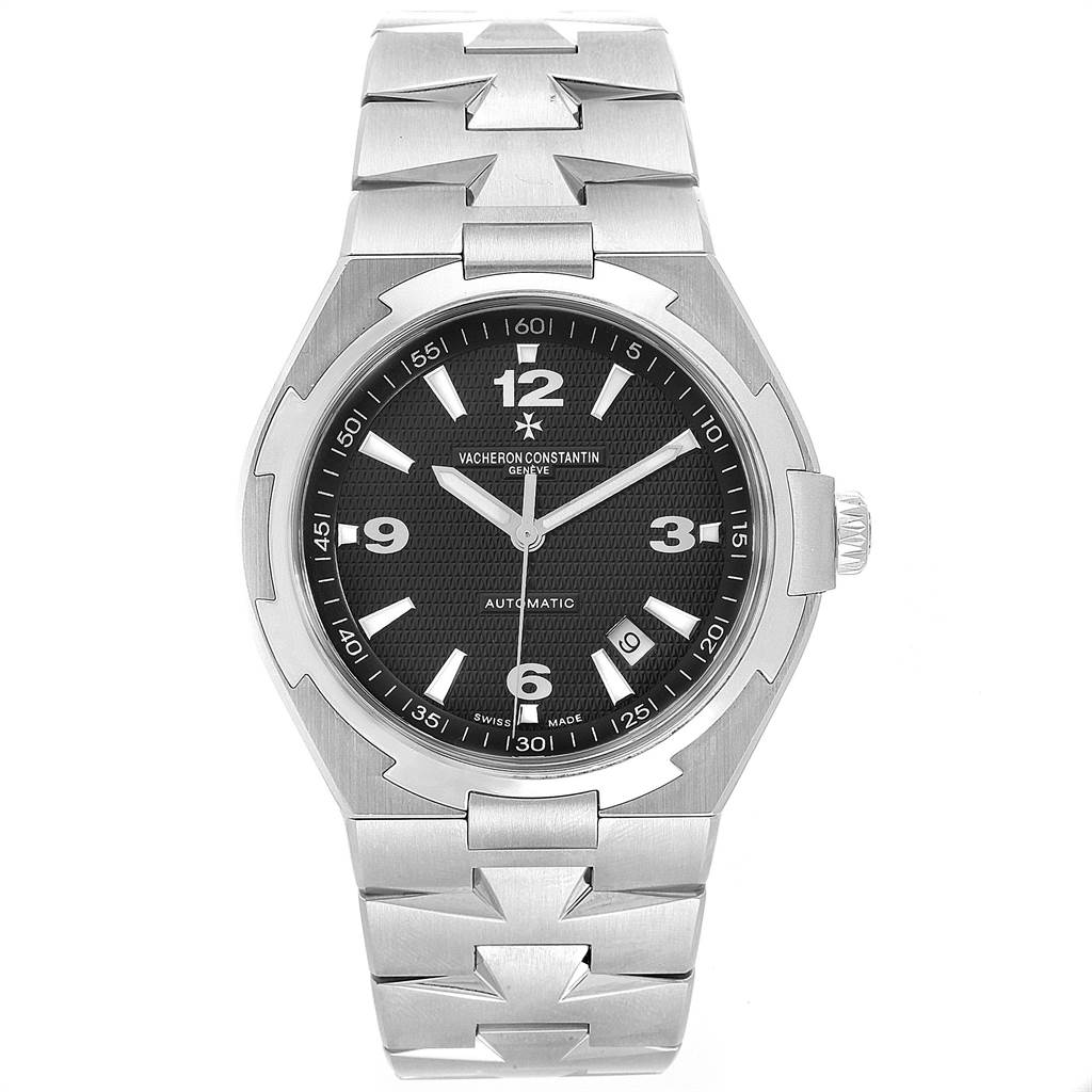 The image shows a front view of the Vacheron Constantin Overseas 47040/B01A-9094 Men's Stainless Steel Black Dial 47040/B01A-9094 Men's Stainless Steel Black Dial model watch, highlighting its dial, bezel, bracelet, and crown.