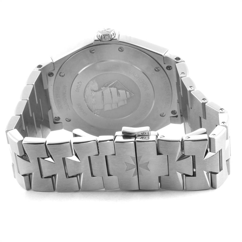 The image shows the back of a Vacheron Constantin Overseas 47040/B01A-9094 Men's Stainless Steel Black Dial 47040/B01A-9094 Men's Stainless Steel Black Dial model watch, highlighting its case back and bracelet.