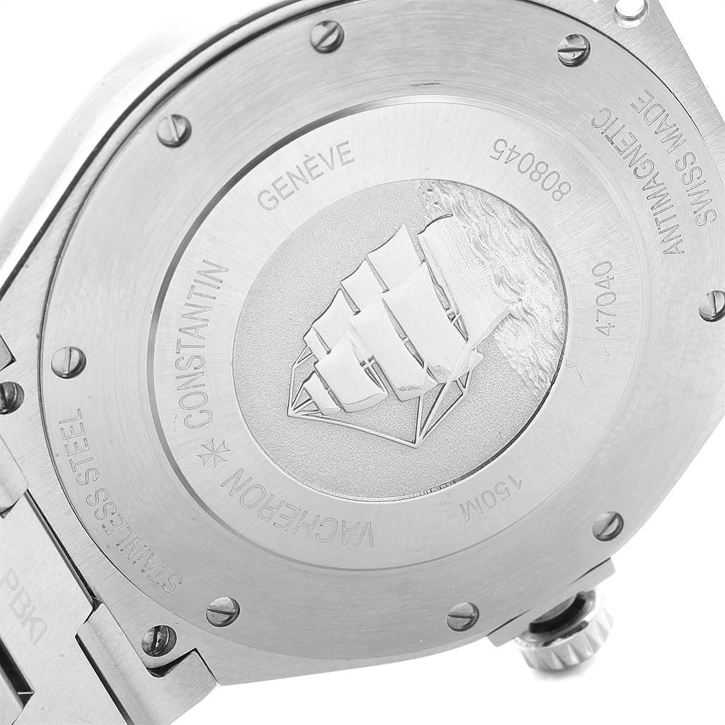 This image shows the back case and part of the stainless steel bracelet of a Vacheron Constantin Overseas 47040/B01A-9094 Men's Stainless Steel Black Dial 47040/B01A-9094 Men's Stainless Steel Black Dial watch.