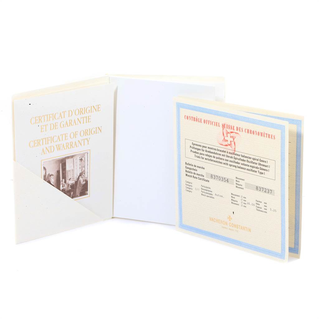 The image shows the certificate of origin and warranty for a Patrimony model by Vacheron Constantin, shown from a front angle.
