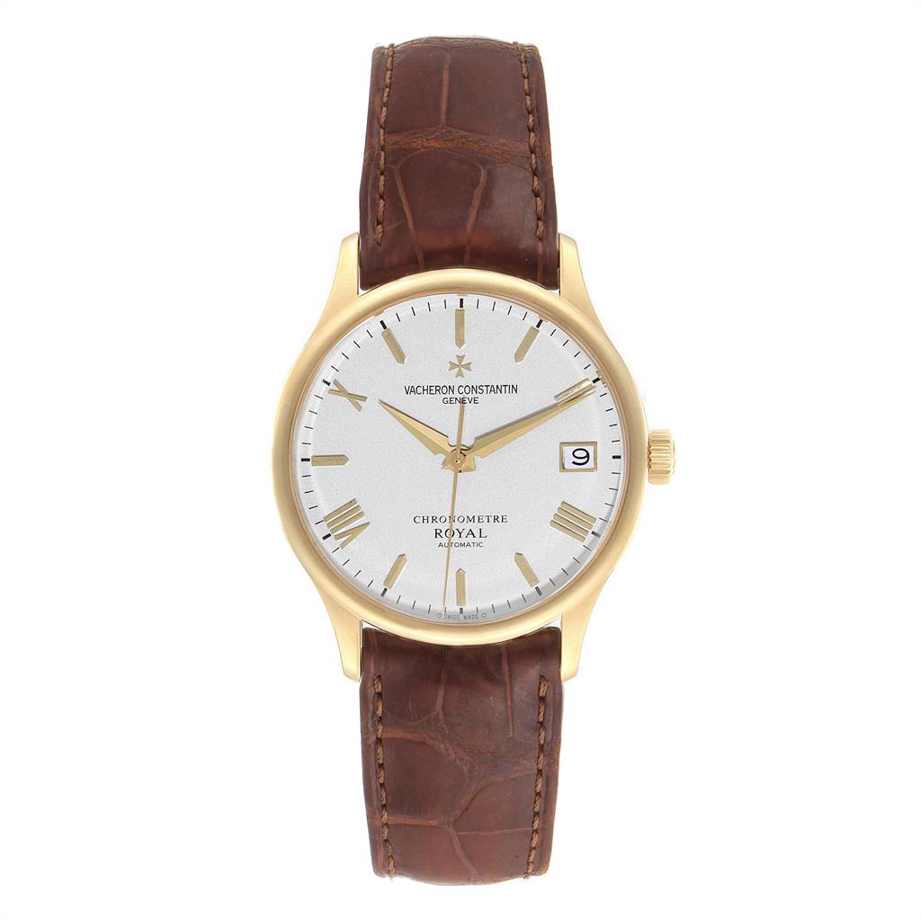 This image shows a front view of a Vacheron Constantin Patrimony VACHERON CONSTANTIN Men's Yellow Gold Silver Dial VACHERON CONSTANTIN Men's Yellow Gold Silver Dial watch with a brown leather strap and a gold case.