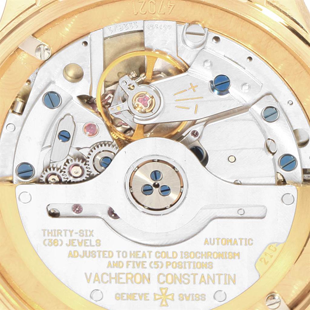 This image shows the detailed back view of the movement of a Vacheron Constantin Patrimony VACHERON CONSTANTIN Men's Yellow Gold Silver Dial VACHERON CONSTANTIN Men's Yellow Gold Silver Dial watch, highlighting its intricate mechanics.