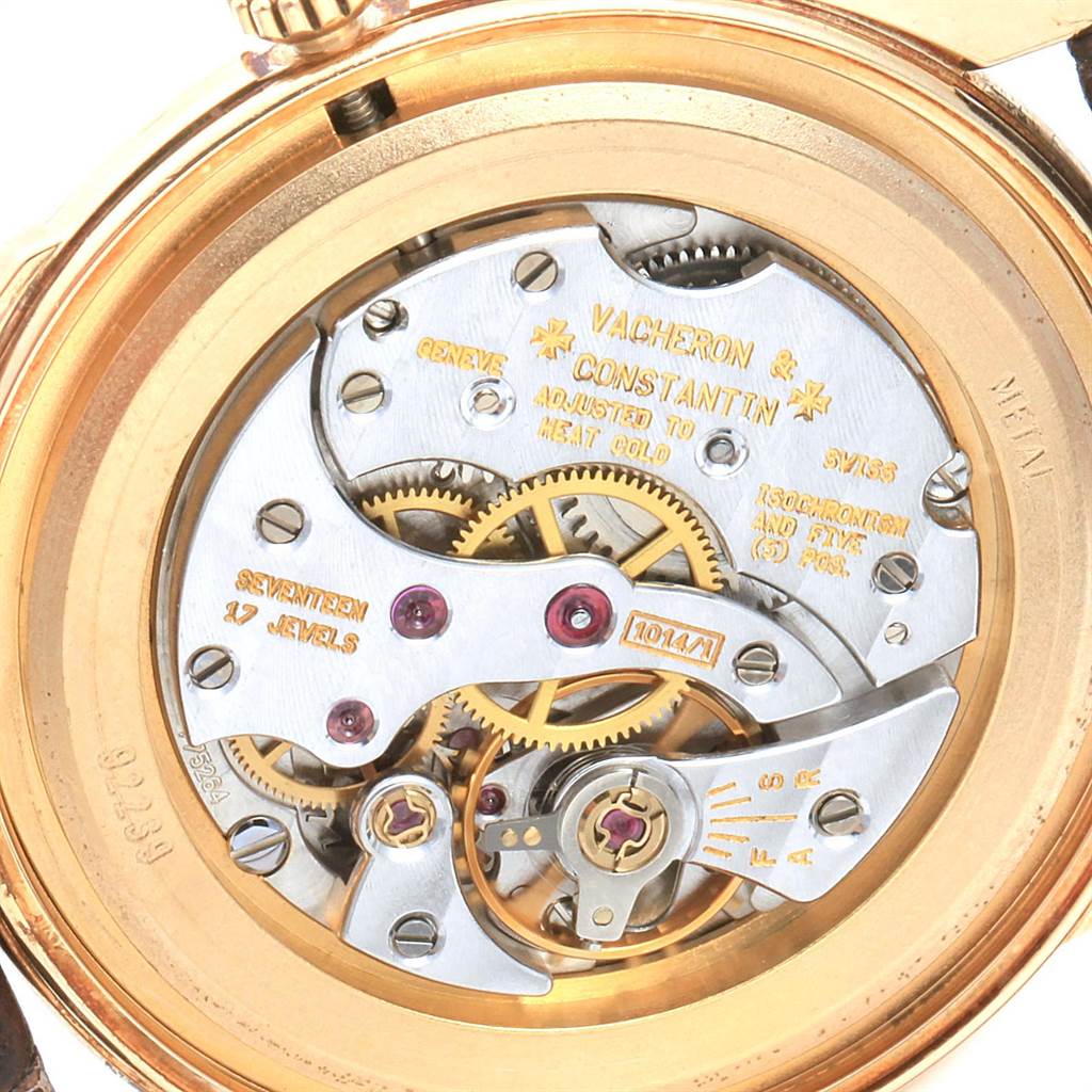 The image shows a close-up view of the movement inside a Vacheron Constantin Historiques 92239 Men's Yellow Gold Silver Dial 92239 Men's Yellow Gold Silver Dial model watch.