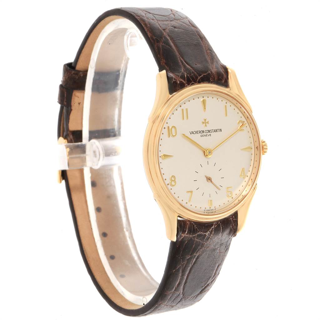 The image shows a Vacheron Constantin Historiques 92239 Men's Yellow Gold Silver Dial 92239 Men's Yellow Gold Silver Dial watch with a gold case, white dial, and brown leather strap, angled slightly to the right.