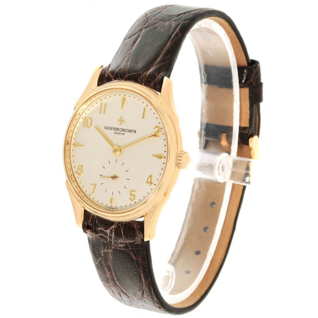 This image shows a Vacheron Constantin Historiques 92239 Men's Yellow Gold Silver Dial 92239 Men's Yellow Gold Silver Dial model watch at a slight angle, highlighting the face, case, and leather strap.