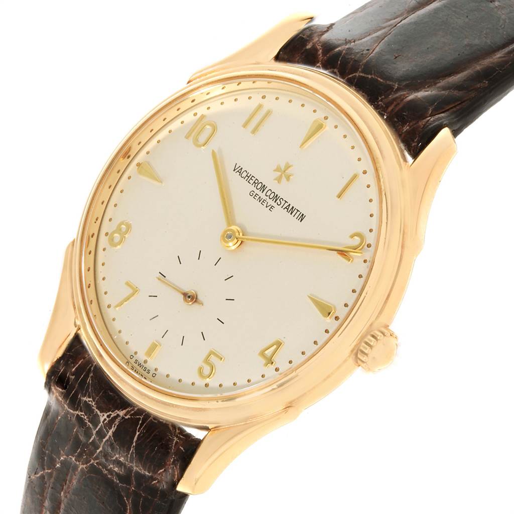 The image shows a Vacheron Constantin Historiques 92239 Men's Yellow Gold Silver Dial 92239 Men's Yellow Gold Silver Dial model watch, angled to display the face, leather strap, and crown.