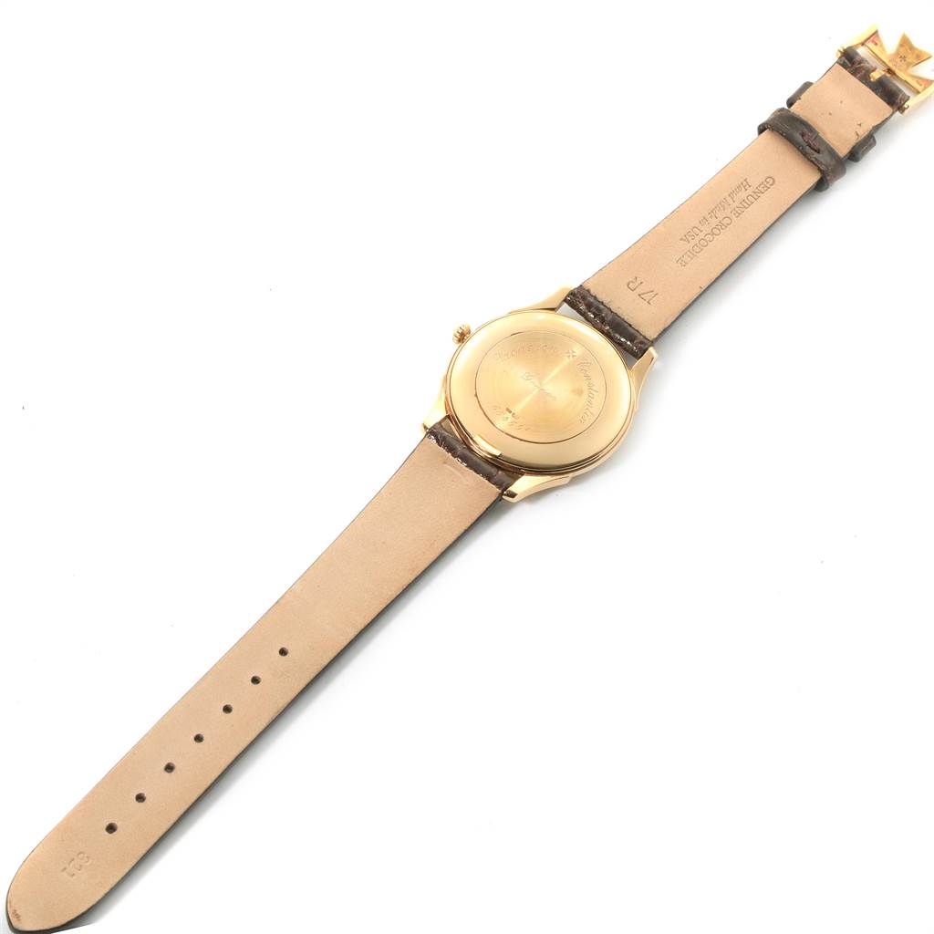 The image shows the back view of a Vacheron Constantin Historiques 92239 Men's Yellow Gold Silver Dial 92239 Men's Yellow Gold Silver Dial watch, displaying the case back and leather strap.