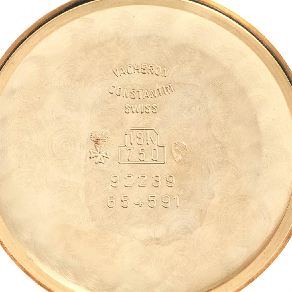 This image shows the interior case back of a Vacheron Constantin Historiques 92239 Men's Yellow Gold Silver Dial 92239 Men's Yellow Gold Silver Dial watch, displaying engravings and hallmarks.