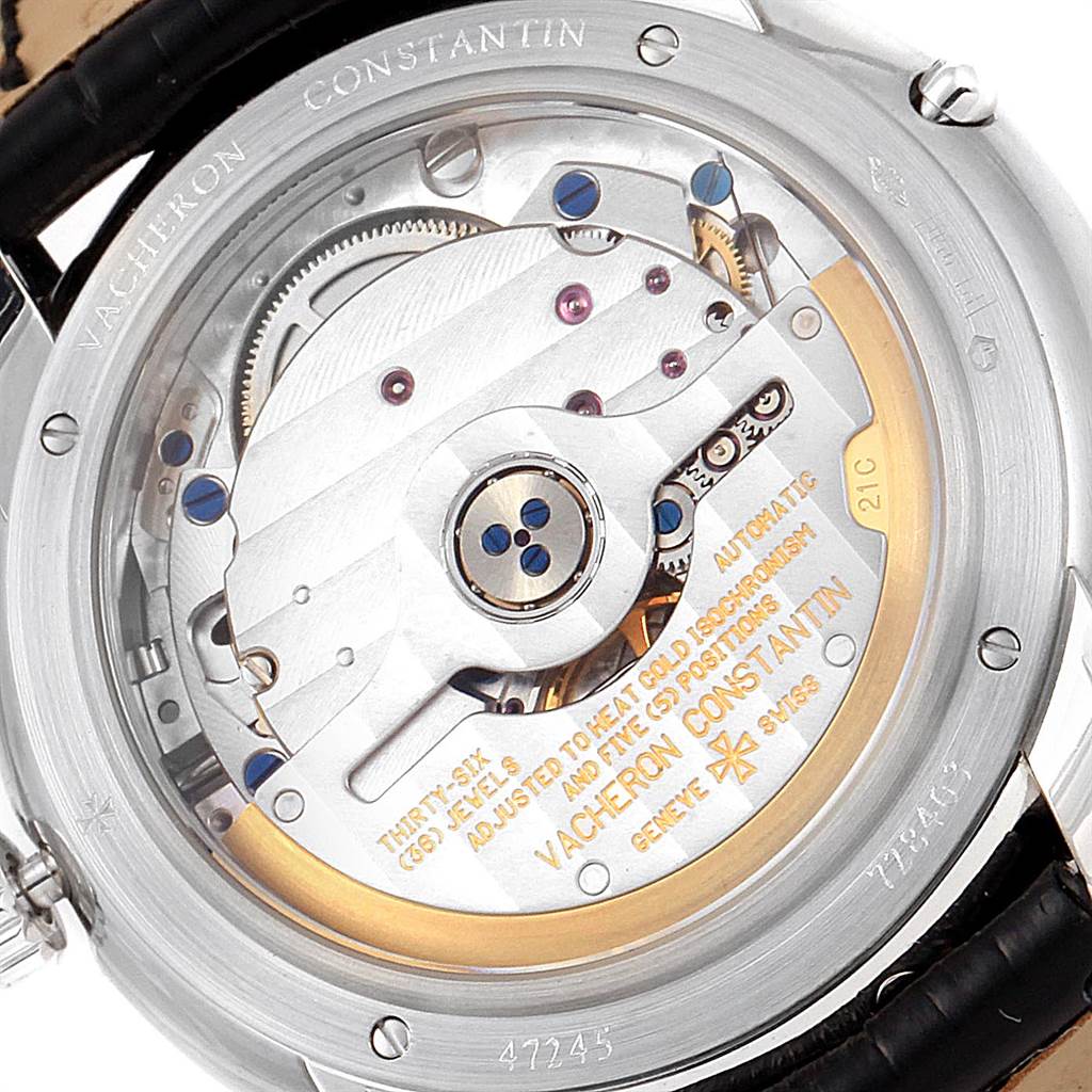 The image shows the back view of a Vacheron Constantin Patrimony 47245 Men's Platinum Black Dial 47245 Men's Platinum Black Dial model, revealing its movement and internal mechanics.
