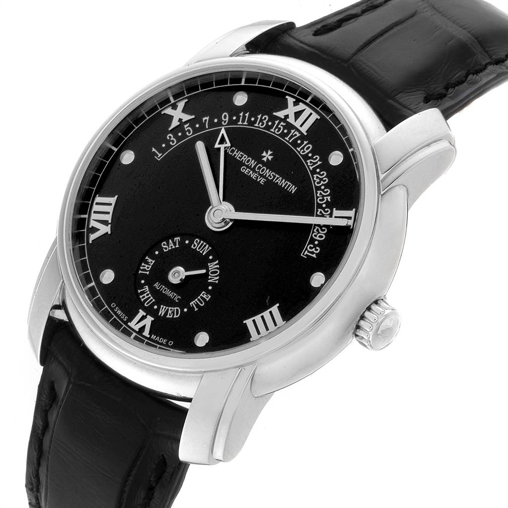 The image shows a Vacheron Constantin Patrimony 47245 Men's Platinum Black Dial 47245 Men's Platinum Black Dial watch at a slight angle, highlighting the dial, hands, and strap.