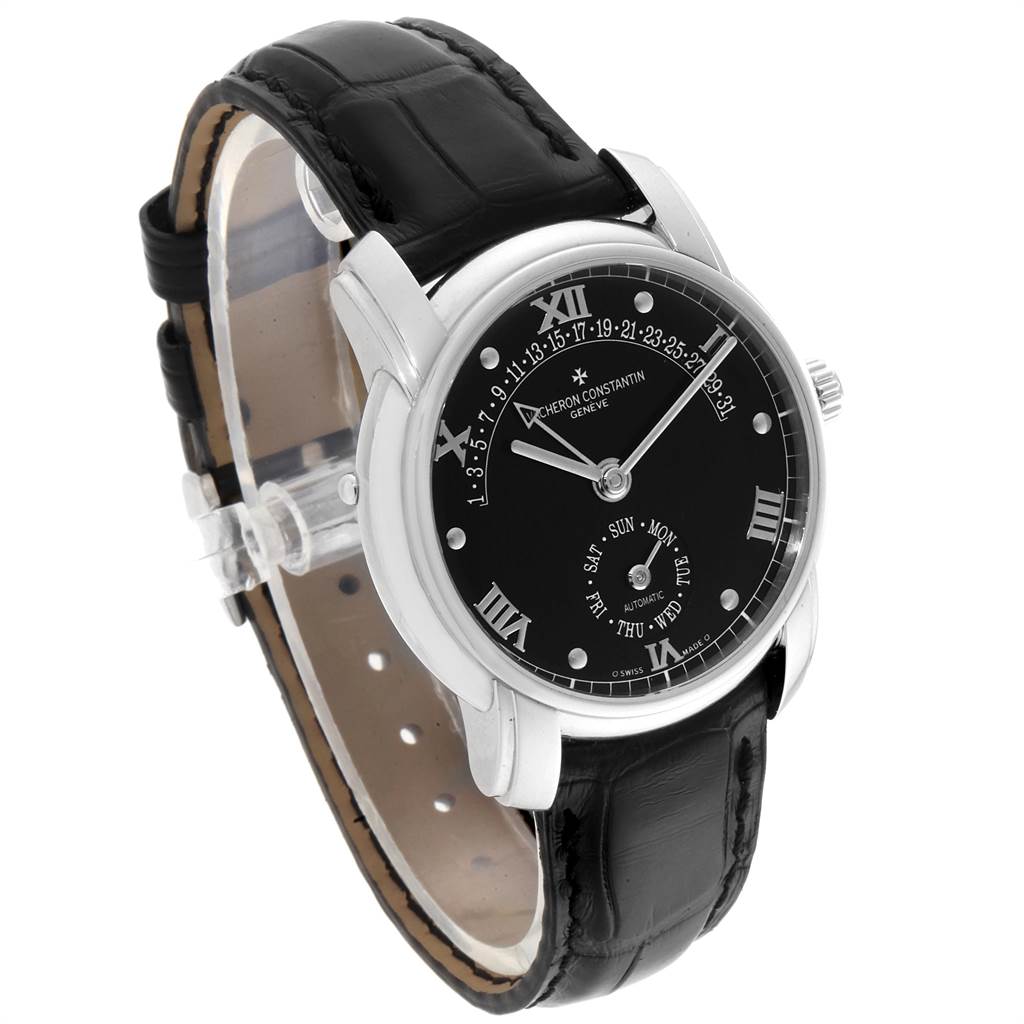 The Vacheron Constantin Patrimony 47245 Men's Platinum Black Dial 47245 Men's Platinum Black Dial watch is shown at a slight angle, revealing the black dial, Roman numerals, and leather band.