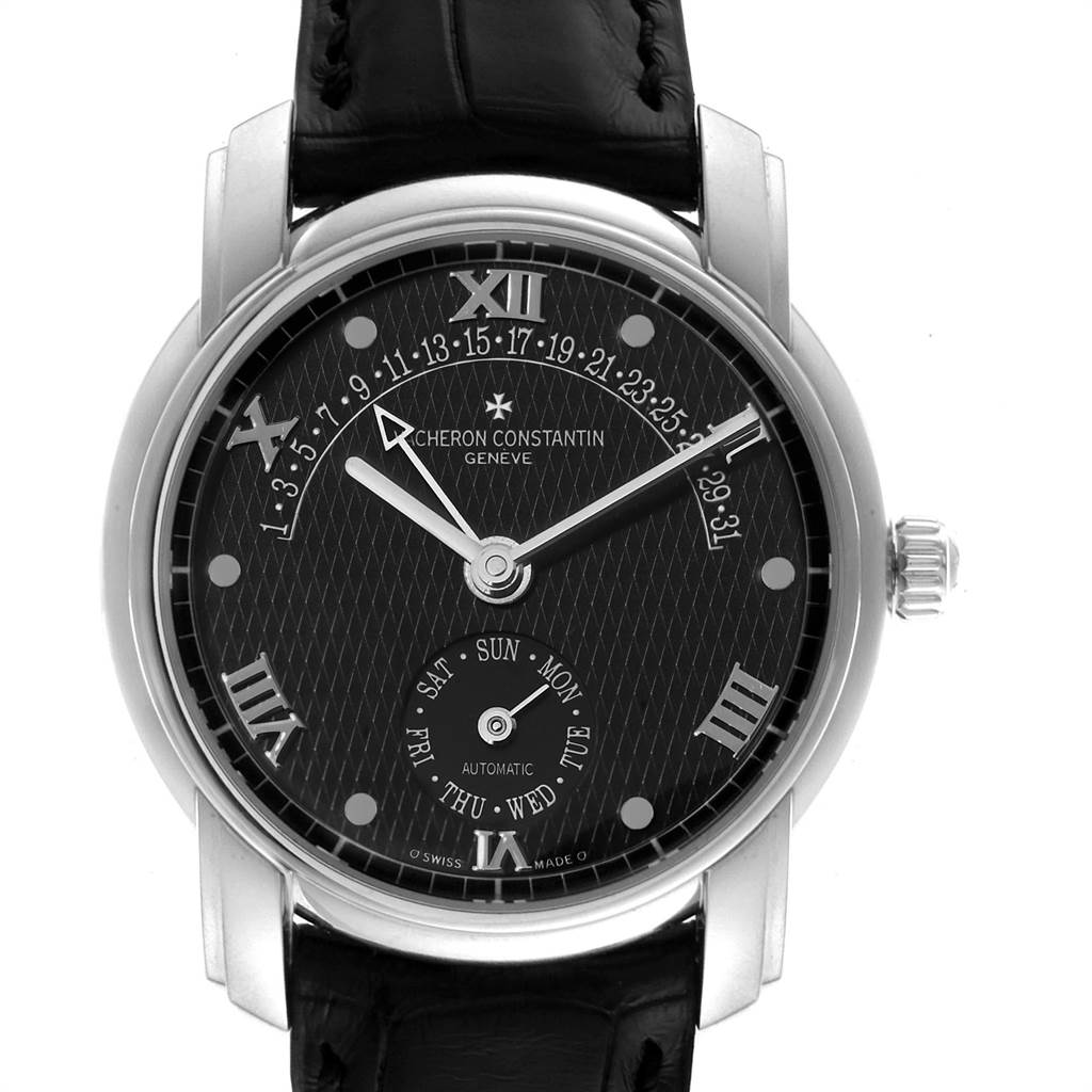 This image shows the front view of the Vacheron Constantin Patrimony 47245 Men's Platinum Black Dial 47245 Men's Platinum Black Dial watch with its dial, hands, and calendar features clearly visible.