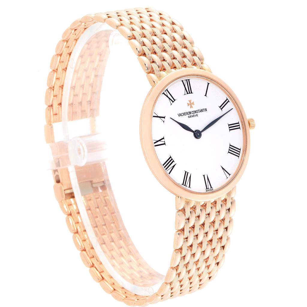 The image shows a front and slight side view of the Vacheron Constantin Patrimony 33093 Men's Rose Gold White Dial 33093 Men's Rose Gold White Dial watch, highlighting its dial and bracelet.